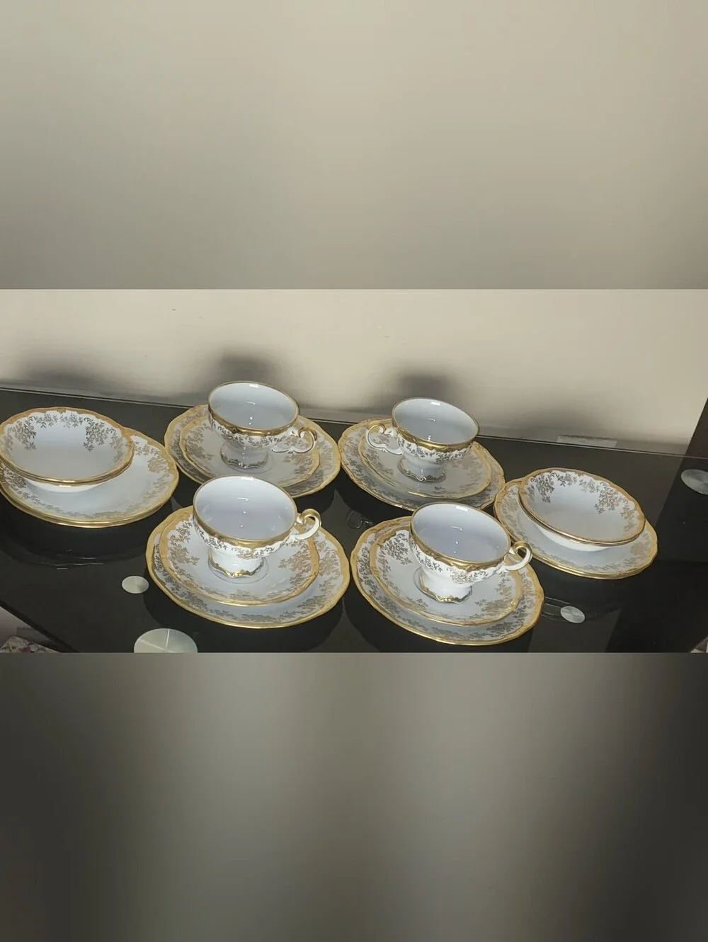 VINTAGE WEIMAR White and Gold Porcelain Teacup and Saucer Set 20 PIECES